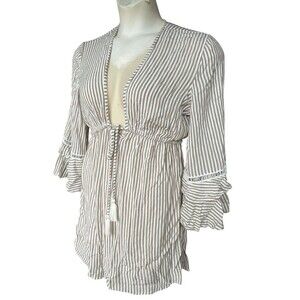 Blue Island Beach Striped Dress Swim Cover Up Tassel Flare Sleeve  NEW L Coastal